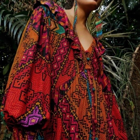 NWOT Farm Rio V-Neck Puff Sleeve Tiered Yawanawa Ruffle Maxi Boho Dress XS $275 - Picture 6 of 9